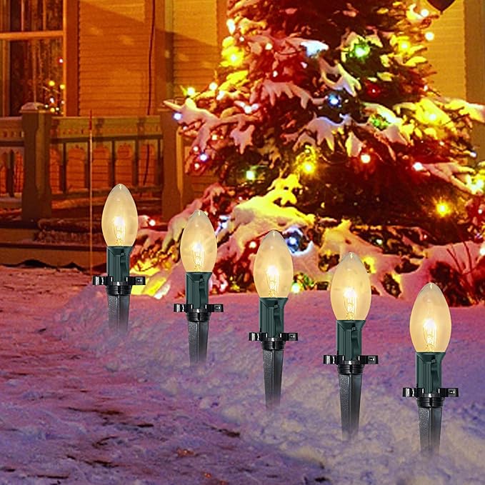 C9 Christmas Pathway String Lights, 38Ft Clear Pathway String Lights Outdoor with 25 Clear Bulbs and Stakes, Waterproof Walkway Lights for Outside Driveway Sidewalk Outdoor Christmas Decorations