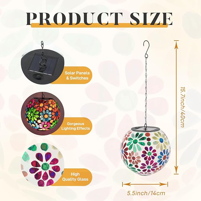 Colorful Solar Hanging Lanterns Glass Mosaic Gazing Ball Globe Hanging Lantern Lights Outdoor Waterproof for Patio Garden Yard Home Decor (Flowers)