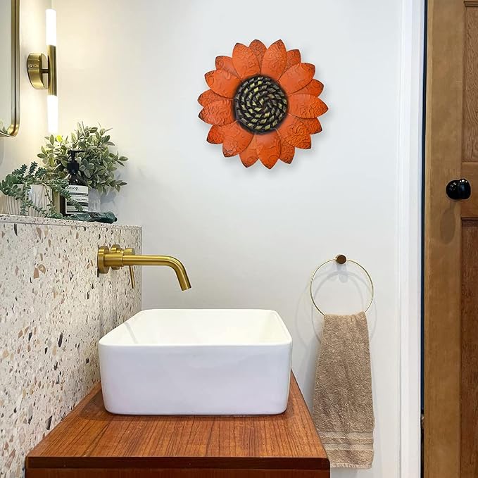 EASICUTI Orange Sunflower Metal Flowers Wall Decor Metal Wall Art Decorations Hanging For Indoor Outdoor Home Bathroom Kitchen Room Bedroom Living Room Garden Patio Porch 13 Inch