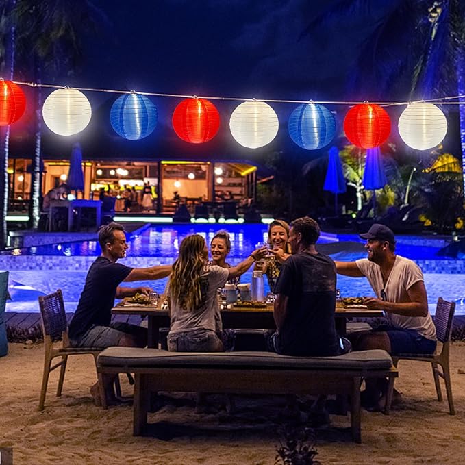 25FT Red White Blue Lantern String Lights Plug in, Large Lantern 4th of July Decor Lights with 10 G40 LED Bulbs, Chinese Hanging Outdoor Patio Lanterns for Independence Day Memorial Patriotic Party