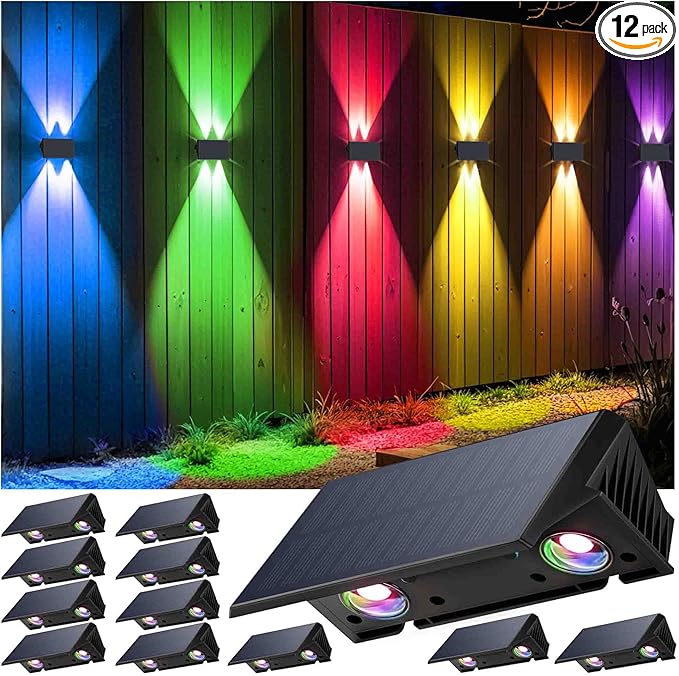Fence Lights Solar Powered, 12-Pack Solar Fence Lights Up/Down Flexible Buttons, IP67 Waterproof for Outdoor, 120LM Bright, Auto Dusk to Dawn for Wall/Stairs/Yard/Railing/Deck/Pathway (White & RGB)