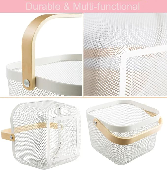 Metal Mesh Steel Basket, Storage Organizer Basket Multi-functional Hanging Kitchen Baskets Fruit Basket Bin with Bamboo Handle for Kitchen Bathroom Picnic Shopping Decor Cabinet Home, White