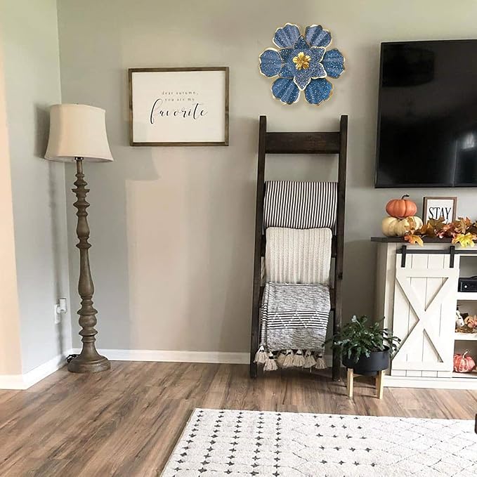 EASICUTI Blue Metal Flower Wall Decor Boho Metal Wall Art Decorations Hanging for Indoor Outdoor Home Bathroom Patio Fence Garden Bedroom Living Room Or Wall Sculptures 12 Inch