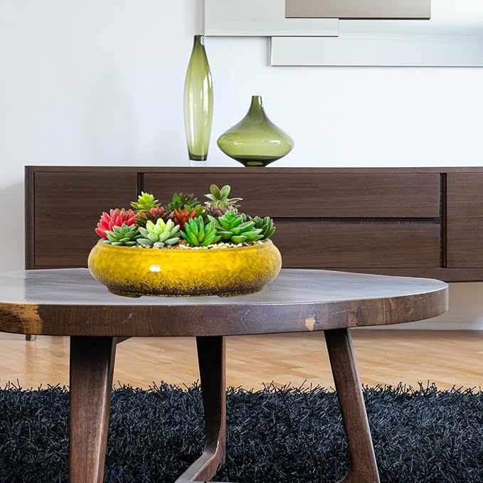 Succulent Pots - 11.5 Inch Ceramic Bonsai Pots with Drainage, Large Shallow Succulent Planters for Indoor Outdoor Plants, Round Glazed Cactus Flower Plant Container Bowl Home Desk Decor(Yellow)