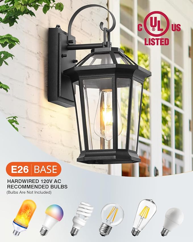 VIANIS Dusk to Dawn Outdoor Wall Lighting, Exterior Light Fixture Wall Mount for House Front Porch Light, Black Anti-Rust Aluminium Modern Outside Coach Lantern with Tempered Glass Shade for Garage