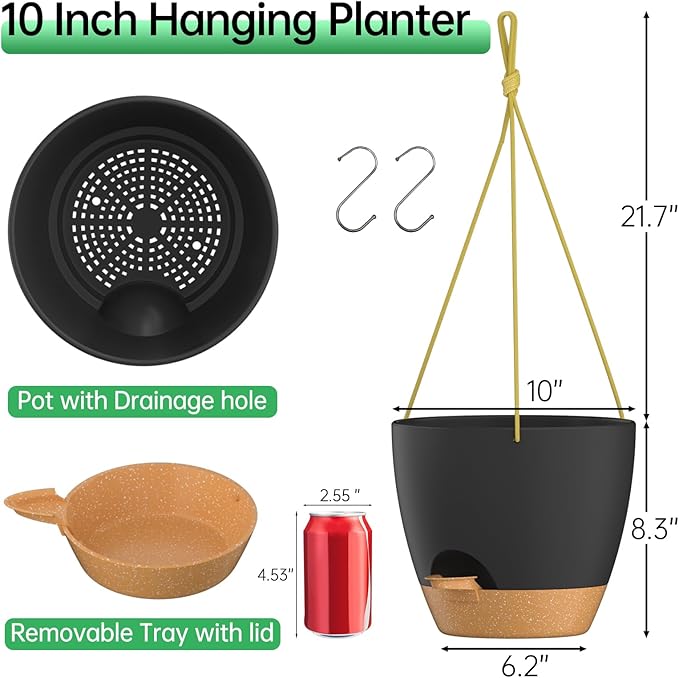 ZMTECH 10 Inch Hanging Planters for Indoor Outdoor Plants, 2 Pack Self Watering Hanging Plant Pots with Drainage Holes and Removable Saucer, Plastic Flower Hanging Pots with Watering Lip (Black)