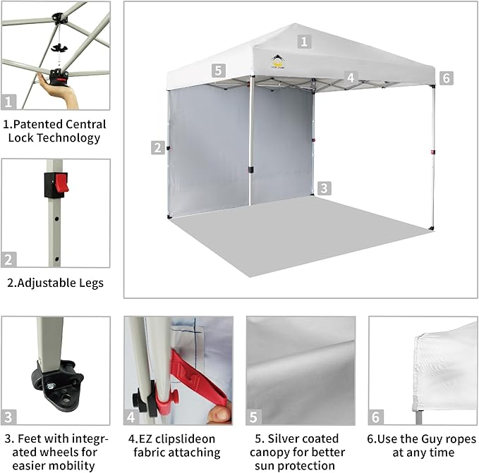 CROWN SHADES 8x8 Pop Up Canopy with 1 Side Wall - Beach Tent with One Push Setup - Outdoor Sun Shade for Events, Parties, Camping - Gazebo with STO-N-Go Cover Bag (White)