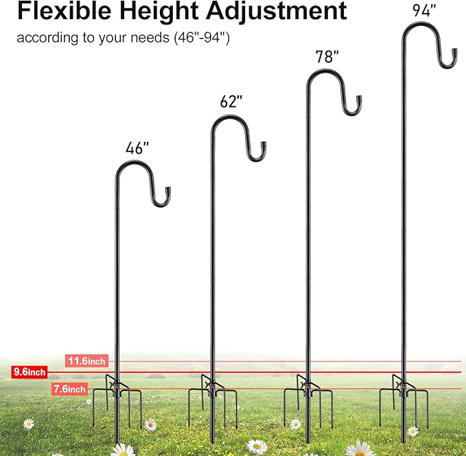 Bird Feeder Pole, 62 Inch & 5/8 Inch Diameter Stainless Steel Heavy Duty Shepherds Hooks for Outdoor to Hang Outdoor Lights with 5 Prongs Base, Rustproof for Garden Decor or Wedding Decors(Black)