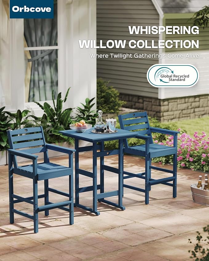 5-Piece Bar Height Outdoor Table and Chairs Set, HDPE Wood Grain Patio Bar Table and Chairs with Heart Cutout Design, Weather-Resistant Bar Height Furniture for Deck, Porch, Pool (Navy Blue)