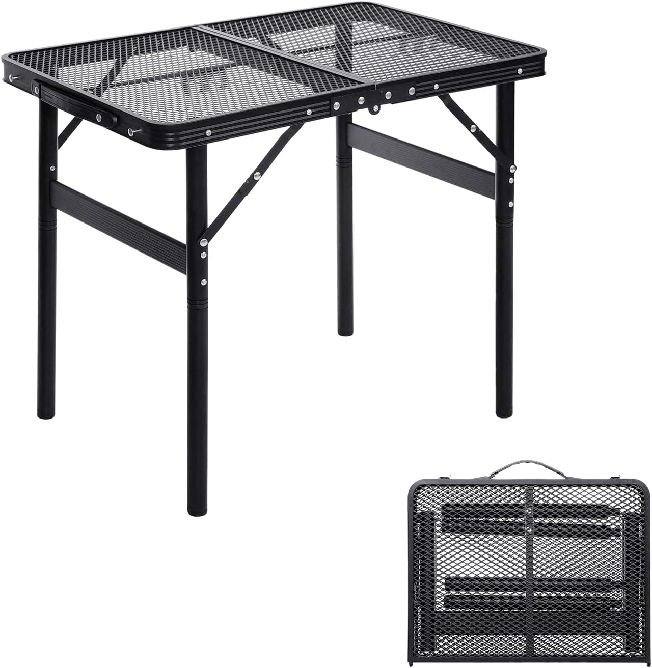 Grill Table Small Folding Table 2FT Foldable Camping Table Picnic Portable Mesh 2 Height Adjustable Outdoor Beach BBQ Black 23.6×15.7× 9.4/20.4inch