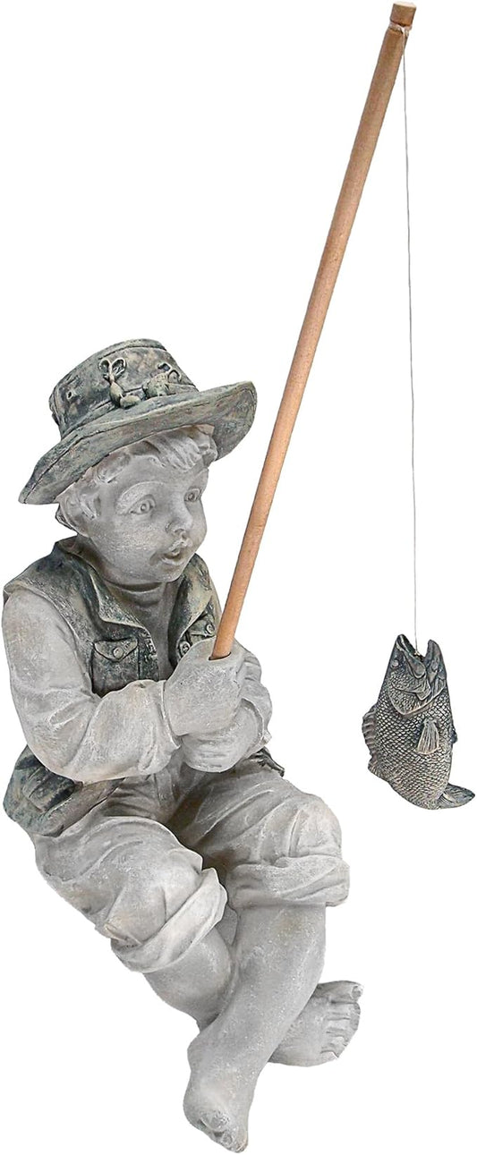 Design Toscano Frederic the Little Fisherman of Avignon Boy Fishing Garden Statue, 15 Inch Tall, Cast Stone Resin, Two Tone Stone Finish