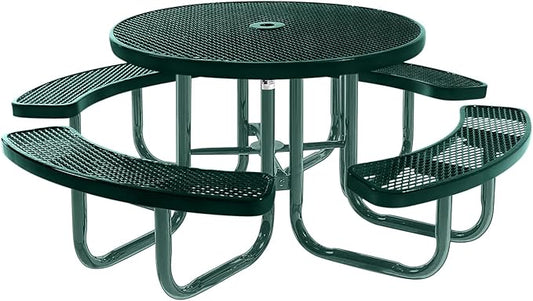 Heavy-Duty Portable Outdoor Picnic Table with Umbrella Hole, Expanded Metal Commercial-Grade Patio Furniture Made in America (46" Round Top, Dark Green with Dark Green Frames)