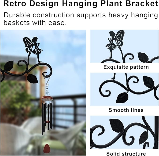 Hanging Plants Bracket 12" Angel Planter Outdoor Hooks Hangers for Flower Baskets Pot Bird Feeder Wind Chimes Lanterns Patio Garden Outdoor Indoor Metal Black, 4 Pack