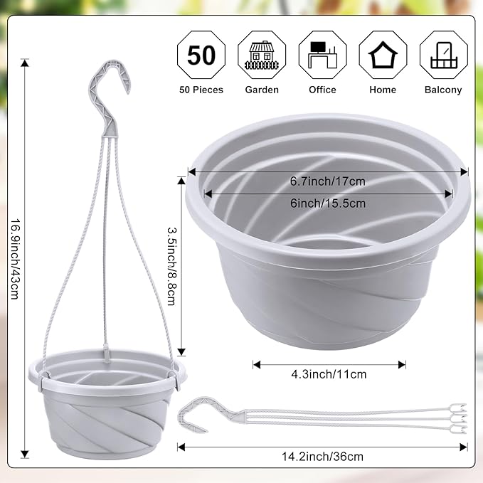 Tioncy 50 Pcs Plastic Hanging Planter Round Hanging Pot for Plants Containers with Hook Flower Plant Pots Holders for Outdoor Indoor Plant Balcony Garden Decor(Gray White)