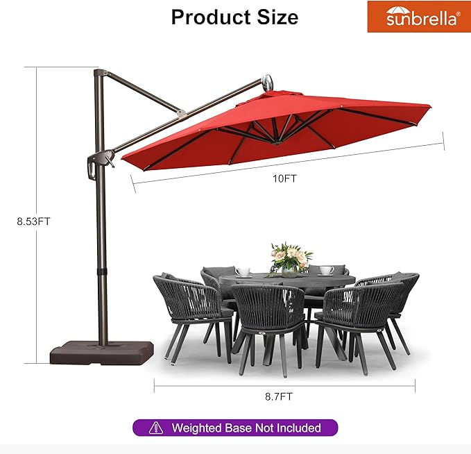 PURPLE LEAF 10FT Cantilever Patio Umbrella with 360-degree Rotation Aluminum Round Outdoor Offset Handing Umbrella for Patio Pool, Red