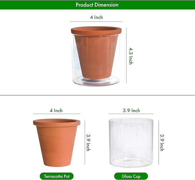 D'vine Dev 4 Inch Design Self Watering Pot for Indoor Plants, Terracotta Planter with Cylinder Glass Cup, Set of 3, 37-X-A-3
