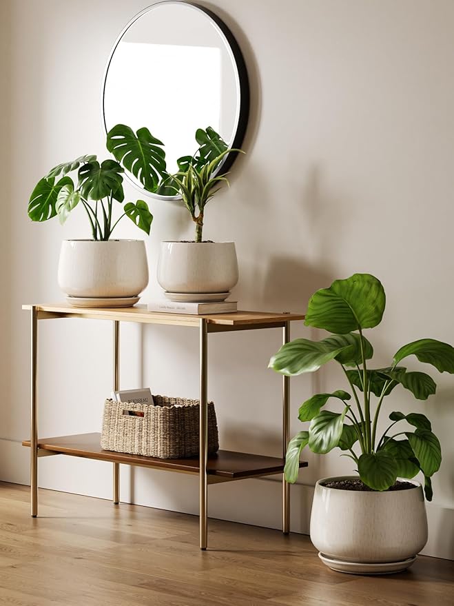 LE TAUCI Ceramic Planters, 10 Inch Pots for Plants, Indoor Plant Pots with Drainage Holes and Saucers, Modern Planters Fit Mid Century Plant Stand, Flower Pots for Indoor Plants, Reactive Glaze Beige