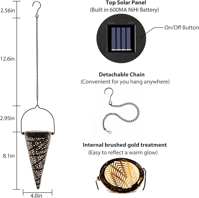Outdoor Decorative Solar Hanging Lights with Delicate Hollow Conical Lantern Design - Set of 3 Chandelier for Patio, Tree, Garden, Yard, Porch, Backyard Pathway and Christmas Decoration.