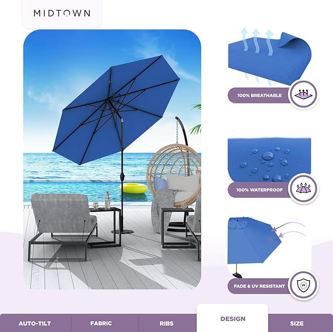 Midtown Umbrellas Sunbrella Umbrella 9 Feet Outdoor Umbrella With Dark Blue Acrylic Fabric - Auto-Tilt Aluminum Frame Patio Umbrella For Backyard, Deck, Garden, Pool - Black Pole