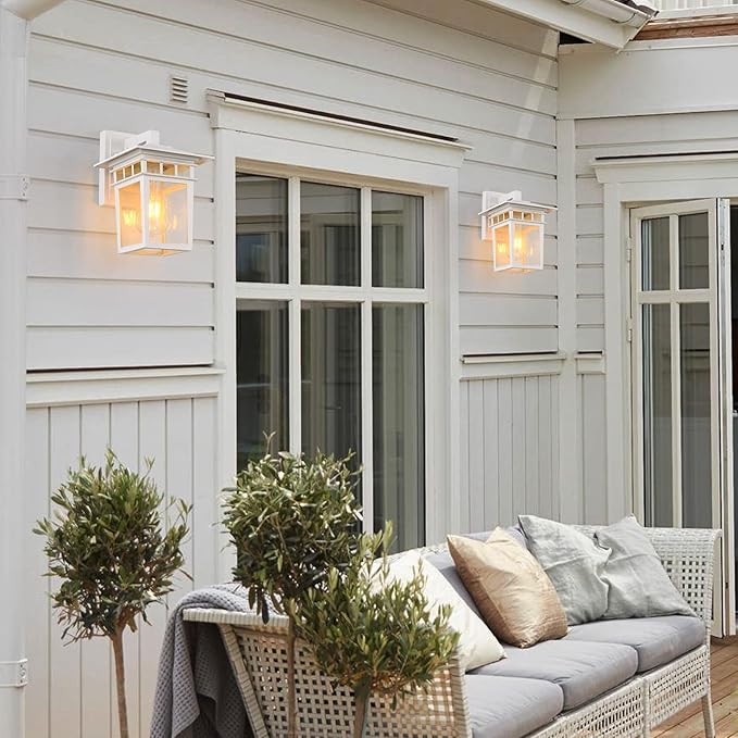 Outdoor Wall Lantern, Exterior Lighting Fixtures Wall Mount, 2 Pack White Outdoor Sconces with Seeded Glass, Exterior Porch/Patio Lights for House Front Door Garage