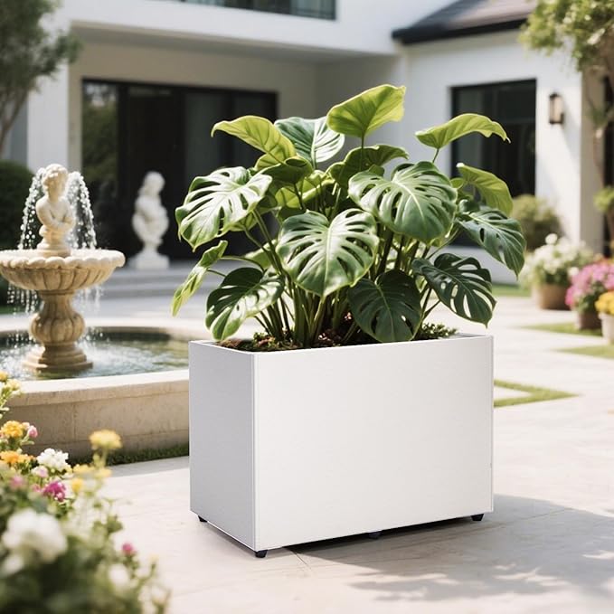 Planter Box Rectangular Block - 24×16×12IN Galvanized Steel Metal Long Box Planter Easy Installation Modern Outdoor Tall Planters All-Weather Use with Drainage Holes for Patio/Porch(White)