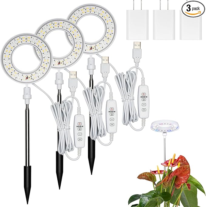 Plant Lights for Indoor Growing, Full Spectrum Grow Light with 48 LEDs, 5 Dimmable Levels Super Bright Halo Grow Lights, with Automatic Timer, Height Adjustable 7"-17", Pack of 3
