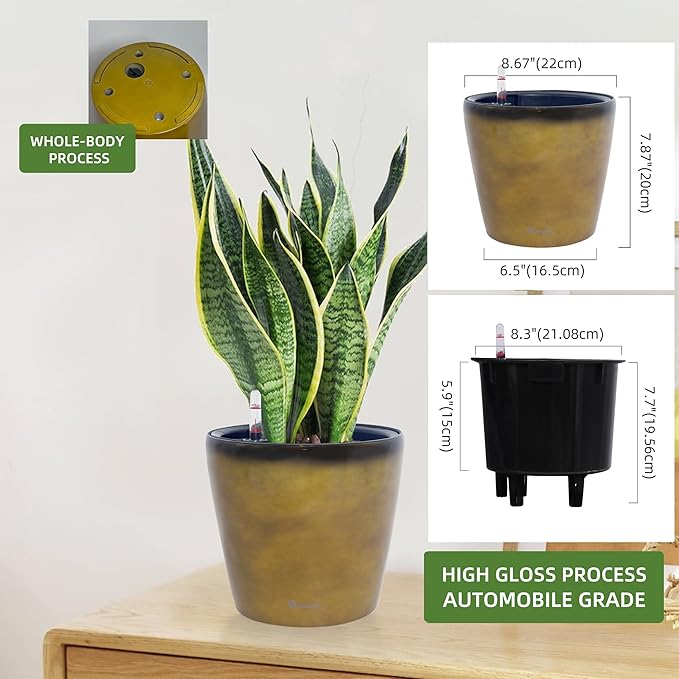 Dexceder 9x8 Inches Self Watering Planter Indoor Outdoor, Inner Pot Design, Thickened Table Flower Plant Pot with Water Level Indicator (Yellow Brown Gradient)
