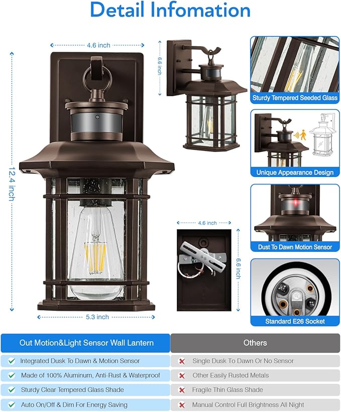 VIANIS Motion Lights for Outside, 2 Pack Dusk to Dawn Exterior Lighting Fixtures, Bronze Front Porch Light Lantern, Waterproof Outside Lights for House, Porch, Entryway, Oil Rubbed Bronze, Anti-Rust