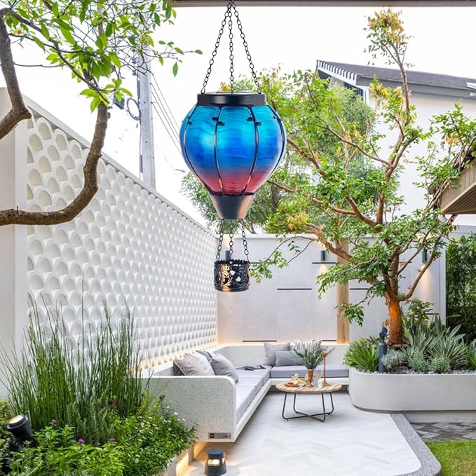 Starsoul Blue Hot Air Balloon Solar Lantern Glass Solar Hot Air Balloon Flickering Flame Hanging Garden Light Waterproof Solar Lamp Hot Air Balloon Garden Yard Farmhouse Decor