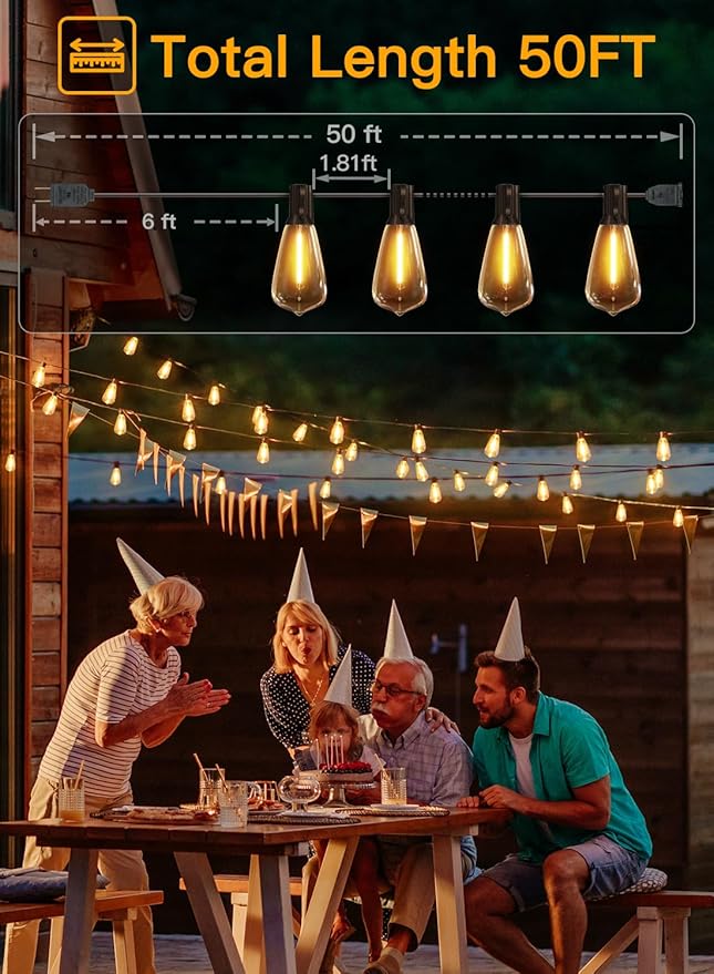 Ollny 50FT Outdoor String Lights, Shatterproof Connectable Patio Lights with 25+2 Spare ST38 Vintage Bulbs, 2200K Warm White Waterproof Outside Hanging Light for Camping Yard Gazebo Porch Balcony