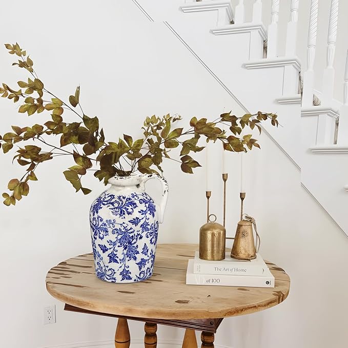 Ceramic Rustic Farmhouse Vase, 9 inch Ceramic Blue and White Vase for Centerpieces Pampas Grass Pottery Jug with Handle Boho Chinoiserie Decor Vintage Vases for Living Room Kitchen Dinner Table Shelf