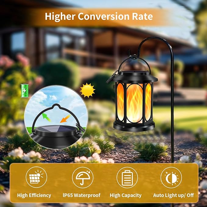 Solar Outdoor Lanterns Light Flickering Flame, Waterproof Outdoor Lanterns for Halloween Patio Garden Yard Deck Pathway, 4 Pack