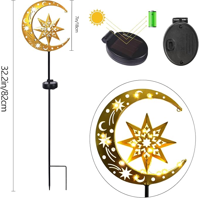 Charming Garden Decor- Solar Lights for Unique Yard Decorations Outdoor, Featuring Moon and Star Design with LED Illumination, Perfect for Enhancing Your Garden's Nighttime Ambiance