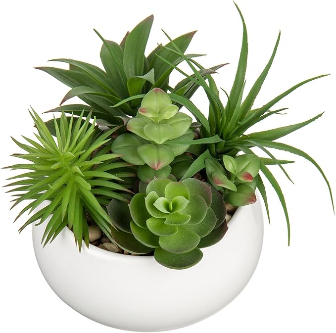 Fake Plants Artificial Succulents in Pots Faux Succulent Arrangement Potted Plant in White Ceramic Planter Bowl for Home Decor Office Desk Bathroom Shelf Living Room Indoor Decorations