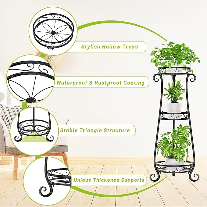 KMOTASUO 3 Tier Metal Plant Stand Indoor, 34 Inch Tall Corner Plant Stands for Indoor Plants, Flower Pot Holder Shelf Display Rack for Balcony Garden Patio Living Room(Black)