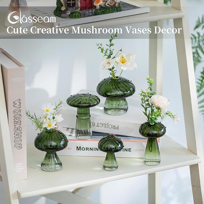 Glasseam Mushroom Plant Propagation Stations: Green Glass Terrarium Jar Set of 10 Cute Planters for Indoor Plants Mini Propagate Station Unique Christmas Birthday Gifts for Women Home Office Decor