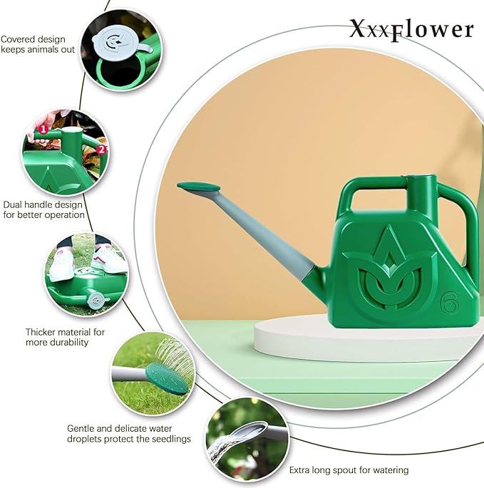 XXXFLOWER 1.5 Gallon Green Watering Can Outdoor Garden Flower Plant, Lightweight 6 L Water Cans with Detachable Nozzle Watering Pot for Office House Garden