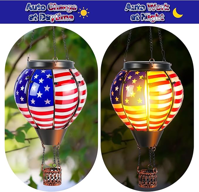 2 Pcs 20 Inch Flag Hot Air Balloon Hanging Solar Lantern Outdoor Garden Decor Waterproof Hot Air Balloon Flame Lantern for Lawn Porch Yard