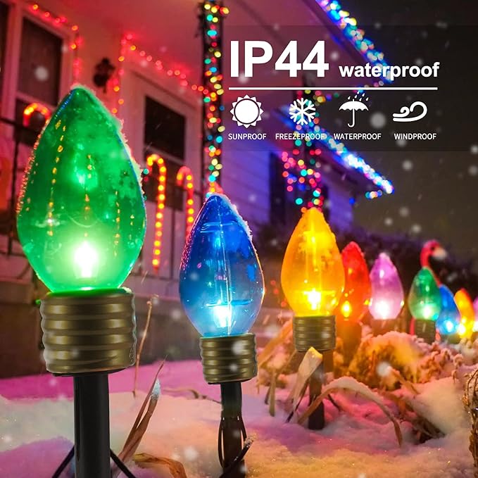 2 Pack Christmas Lights Jumbo C9 Outdoor Lawn Decorations with Pathway Marker Stakes, 8.5Ft C7 Lights Covered Jumbo Glitter Multicolor Bulb for Holiday Outside Yard Garden Decor, 10 Lights