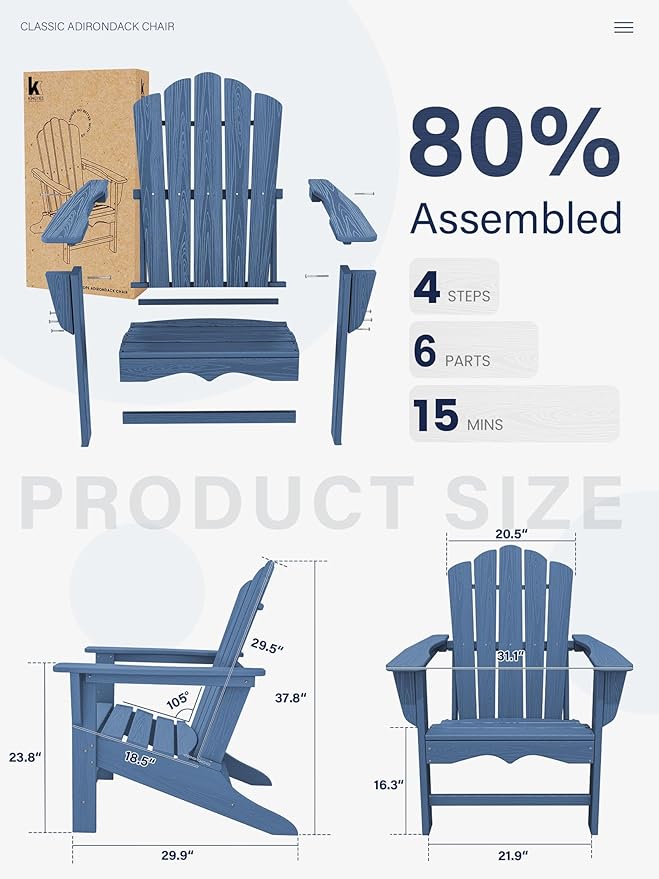 KINGYES HDPE Adirondack Chair, Classic All-Weather Adirondack Chairs Set of 6, Outdoor Patio Adirondack Chair for Deck Lawn fire Pit, Navy