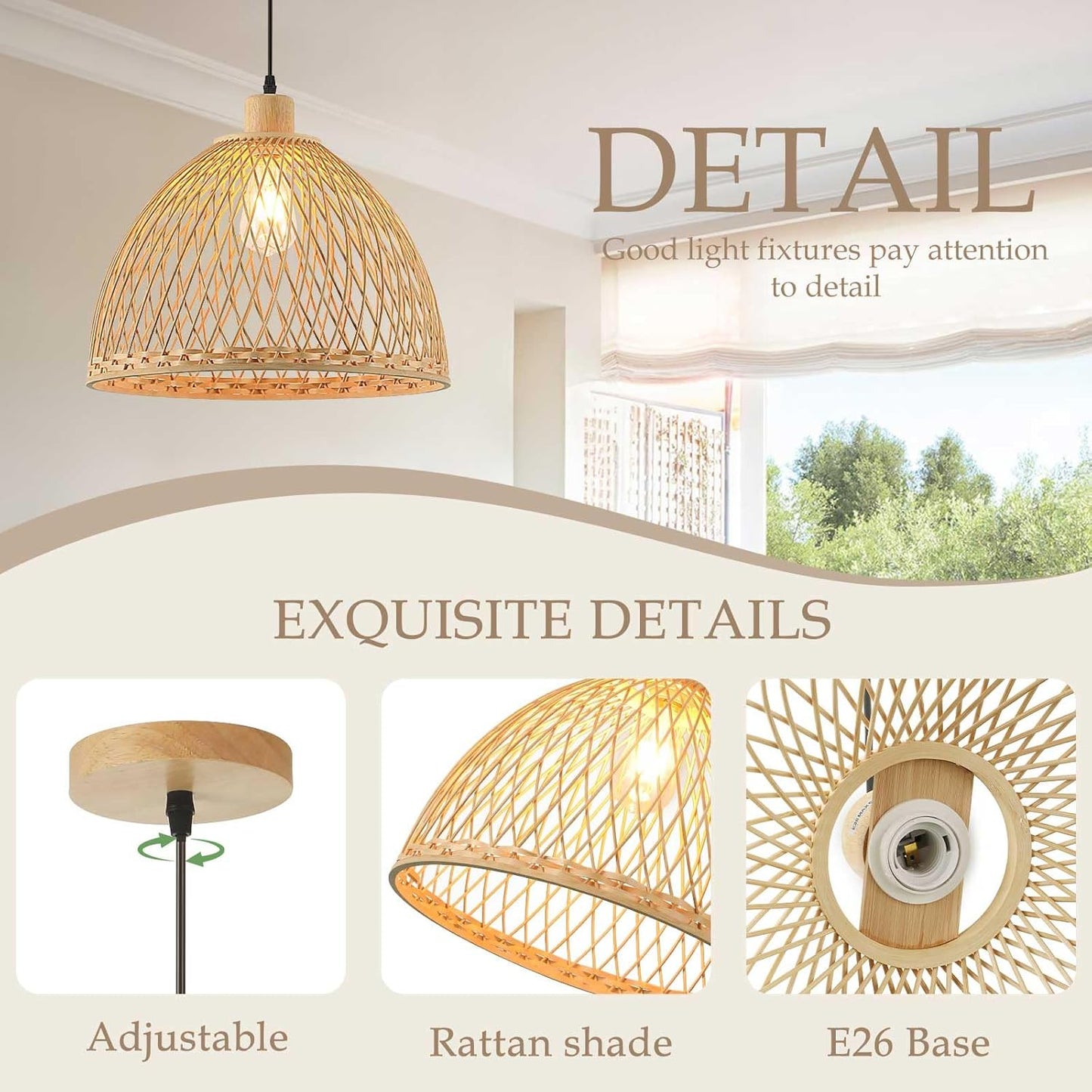 Hand-Woven Rattan Pendant Light, 16 Inch Boho Wicker Lights Fixture Wite Adjustable Cable, Coastal Hanging Lighting for Kitchen Island Dining Room Living Room Entrance Foyer