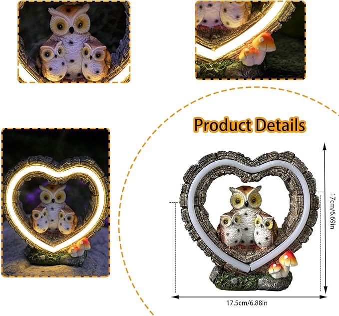 Solar Owl Garden Statue, Outdoor Waterproof Handmade Resin Statue,Garden Sculpture with Solar LED Lights, Warm Owl Statue Decoration, Suitable for Roads, Yards, lawns (Warm Owl Family)