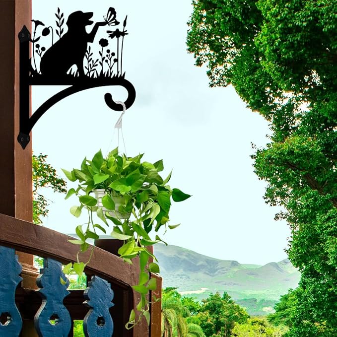 Peacoblue Iron Plant Hangers Holder for Outdoor Indoor Hanging Plants Fern Pots, Lantern, Bird Feeder, Wind Chimes, 12”x14” Dog Weather Resistant Metal Wall Brackets Hooks for Porch, Garden, Home(Dog)