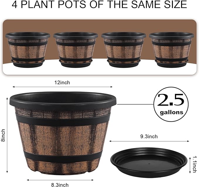 Quarut Plant Pots Set of 4 Pack 12 inch,Large Whiskey Barrel Planters with Drainage Holes & Saucer.Plastic Flower Pots Imitation Wine Barrel Design, for Indoor & Outdoor Garden Home Plants (Brown)