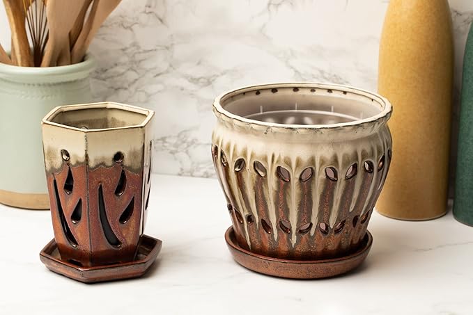 rePotme 6" Pinwheel Fluted Ceramic Plant Pot (Honey Cream Over Copper) - Great for Orchids, Succulents, and All Indoor Plants