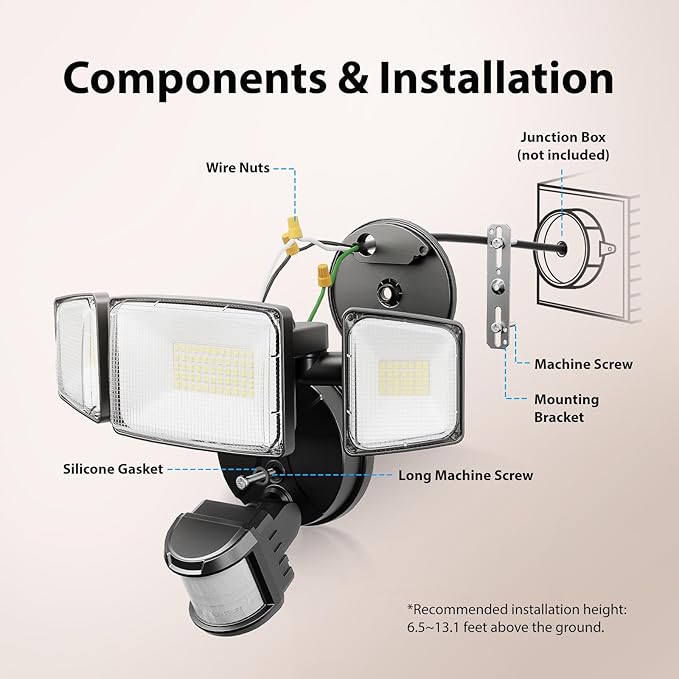 Onforu 75W LED Motion Sensor Outdoor Lights, Dusk to Dawn Flood Light Outdoor Motion Sensor, Hardwired Security Lights Floodlights Outside 7500LM 6500K Daylight IP65 Waterproof (Black)