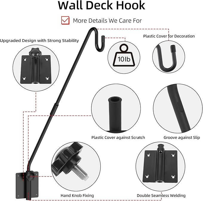 Deck Hook Wall Mounted,Extended Plant Hanger Outdoor,Bird Feeder Hanger-Metal Fence Shepherds Hooks Bracket for Hanging Hummingbird Feeder,Planter,Flower Baskets,Lantern-360°Rotating Pole