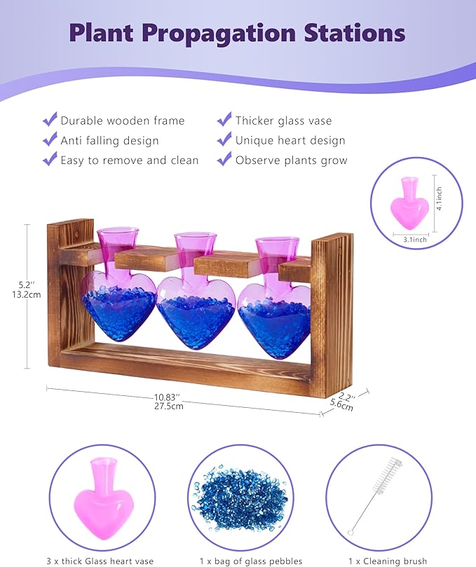 Nacome Plant Terrarium for Office Decor: Birthday Gifts for Plant Lovers Women Mom Wife - Wooden Stand Tabletop Planter 3 Bulb Glass Vase Heart Shaped for Hydroponics Indoor Home(Purple)