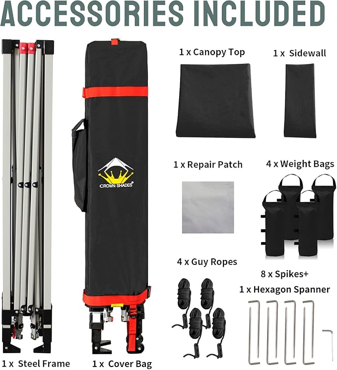 CROWN SHADES 10x10 Pop Up Canopy with 1 Side Wall - Beach Tent with One Push Setup - Outdoor Sun Shade for Events, Parties, Camping - Gazebo with STO-N-Go Cover Bag (Black)