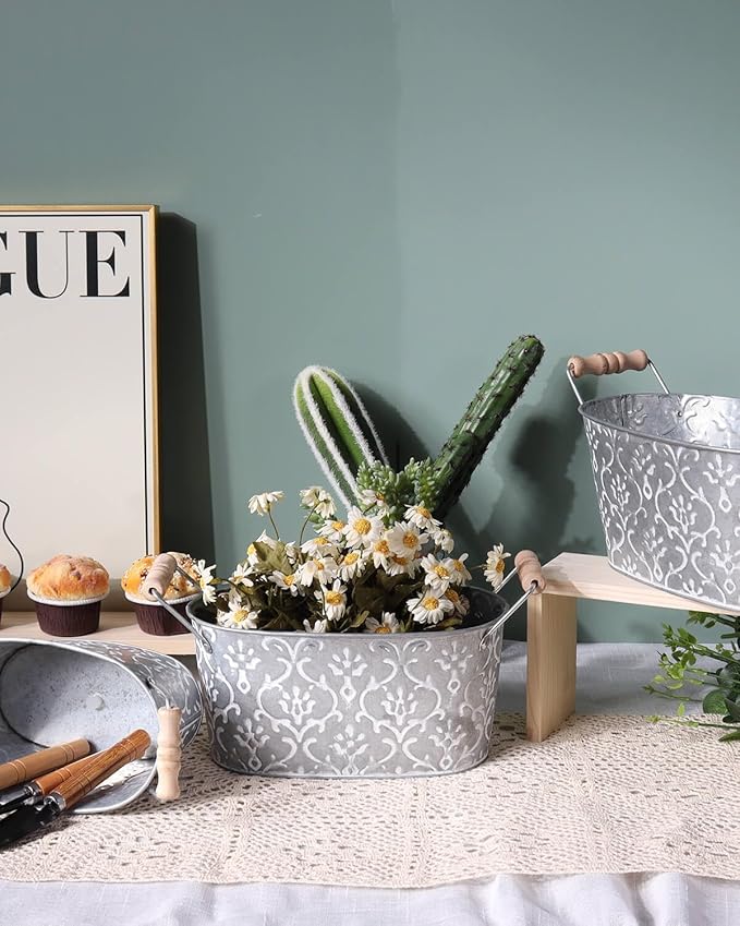 Galvanized Oval Planter Tubs for Outdoor Plants - Farmhouse Small Metal Tin Buckets with Drain Hole & Rubber Plug Medium Plant Containers with handles vintage style for decor, Set of 3(Flower Pattern)